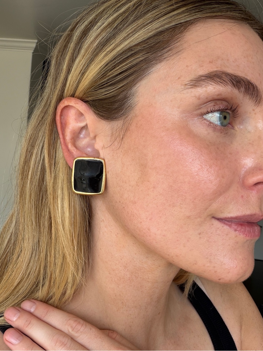 Black and Gold Square Clip-On Earrings by